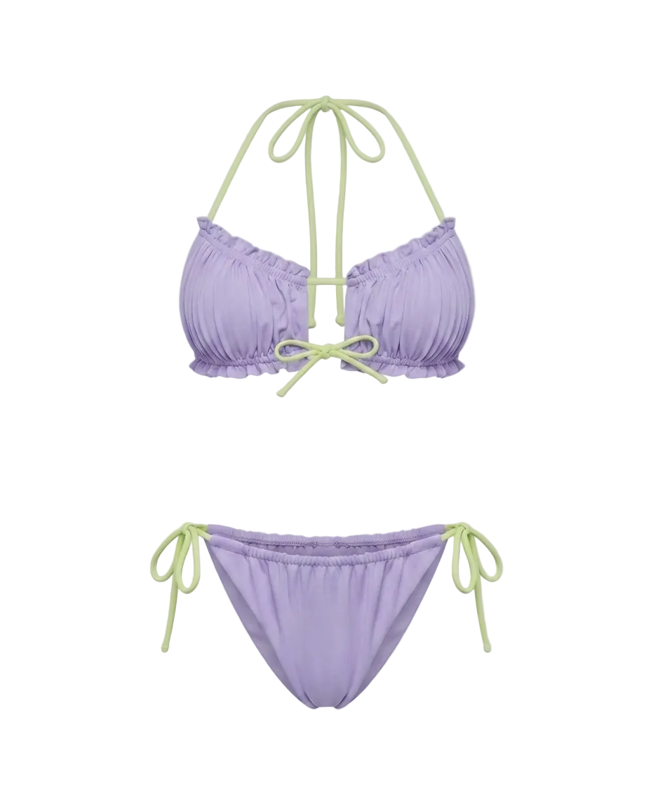 Minimalist Amalfi Dream Bikini by ÁMBER DEL MAR in lilac with lime green side-ties that is preppy and coastal chic aesthetic summer swimwear.