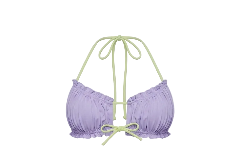 Minimalist Amalfi Dream Bikini by ÁMBER DEL MAR in lilac with lime green side-ties that is preppy and coastal chic aesthetic summer swimwear.