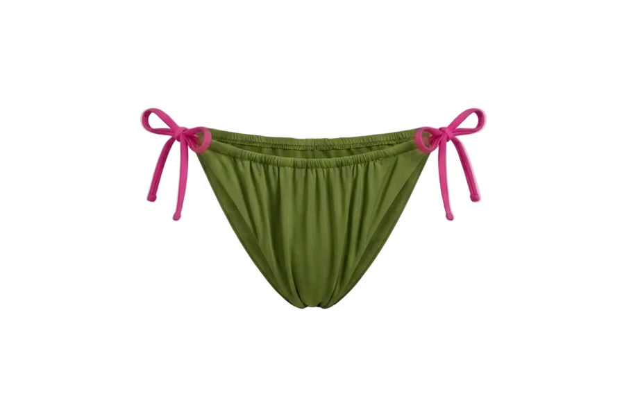 Minimalist Amalfi Dream Bikini Bottom by ÁMBER DEL MAR in watermelon with lime green side-ties that is preppy and coastal chic aesthetic summer swimwear.