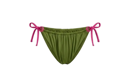 Minimalist Amalfi Dream Bikini Bottom by ÁMBER DEL MAR in watermelon with lime green side-ties that is preppy and coastal chic aesthetic summer swimwear.