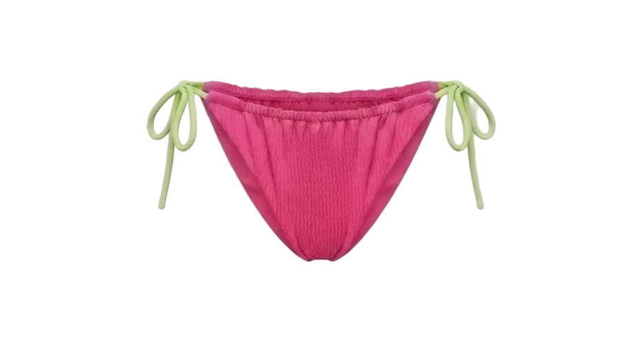 Minimalist Amalfi Dream Bikini Bottoms by ÁMBER DEL MAR in pink with lime green side-ties that is preppy and coastal chic aesthetic summer swimwear.