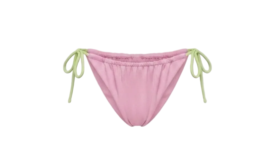 Minimalist Amalfi Dream Bikini Bottom by ÁMBER DEL MAR in watermelon with lime green side-ties that is preppy and coastal chic aesthetic summer swimwear.