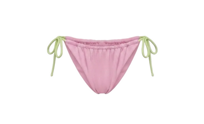 Minimalist Amalfi Dream Bikini Bottom by ÁMBER DEL MAR in watermelon with lime green side-ties that is preppy and coastal chic aesthetic summer swimwear.