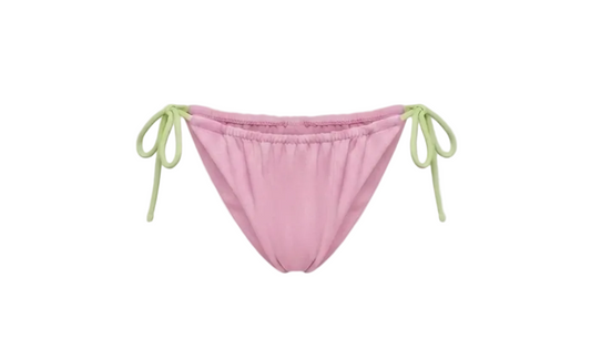 Minimalist Amalfi Dream Bikini Bottom by ÁMBER DEL MAR in watermelon with lime green side-ties that is preppy and coastal chic aesthetic summer swimwear.