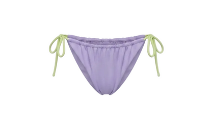 Minimalist Amalfi Dream Bikini by ÁMBER DEL MAR in lilac with lime green side-ties that is preppy and coastal chic aesthetic summer swimwear.