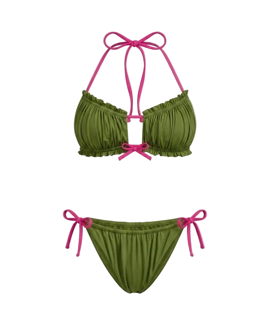 Minimalist Amalfi Dream Bikini Set by ÁMBER DEL MAR in watermelon with lime green side-ties that is preppy and coastal chic aesthetic summer swimwear.