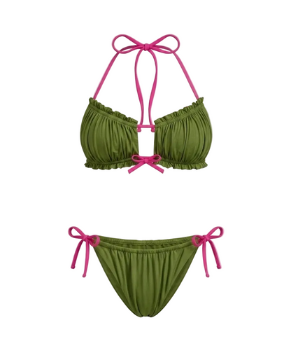 Minimalist Amalfi Dream Bikini Set by ÁMBER DEL MAR in watermelon with lime green side-ties that is preppy and coastal chic aesthetic summer swimwear.