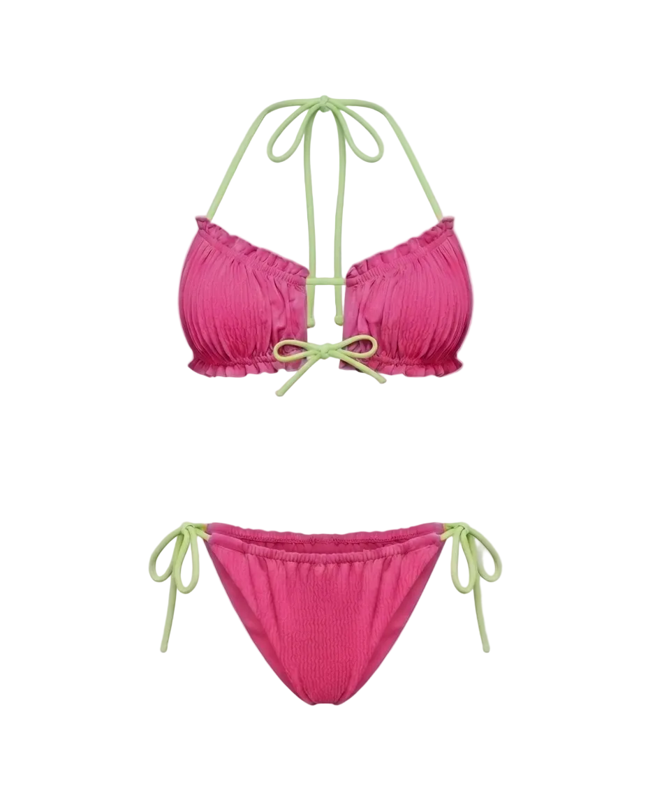 Minimalist Amalfi Dream Bikini Set by ÁMBER DEL MAR in pink with lime green side-ties that is preppy and coastal chic aesthetic summer swimwear.