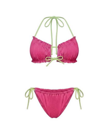 Minimalist Amalfi Dream Bikini Set by ÁMBER DEL MAR in pink with lime green side-ties that is preppy and coastal chic aesthetic summer swimwear.
