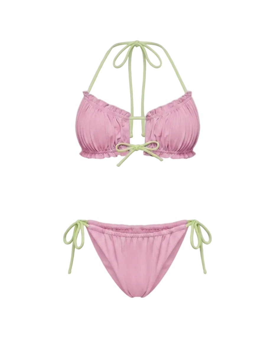 Minimalist Amalfi Dream Bikini Set by ÁMBER DEL MAR in watermelon with lime green side-ties that is preppy and coastal chic aesthetic summer swimwear.