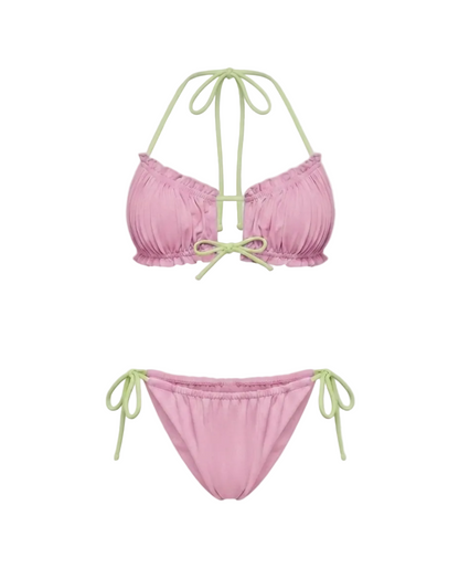 Minimalist Amalfi Dream Bikini Set by ÁMBER DEL MAR in watermelon with lime green side-ties that is preppy and coastal chic aesthetic summer swimwear.