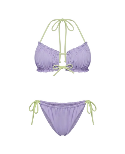 Minimalist Amalfi Dream Bikini by ÁMBER DEL MAR in lilac with lime green side-ties that is preppy and coastal chic aesthetic summer swimwear.