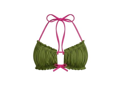 Minimalist Amalfi Dream Bikini Top by ÁMBER DEL MAR in guava with hot pink side-ties that is preppy and coastal chic aesthetic summer swimwear.