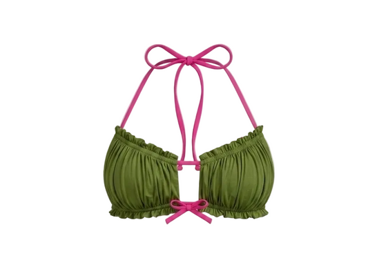 Minimalist Amalfi Dream Bikini Top by ÁMBER DEL MAR in guava with hot pink side-ties that is preppy and coastal chic aesthetic summer swimwear.