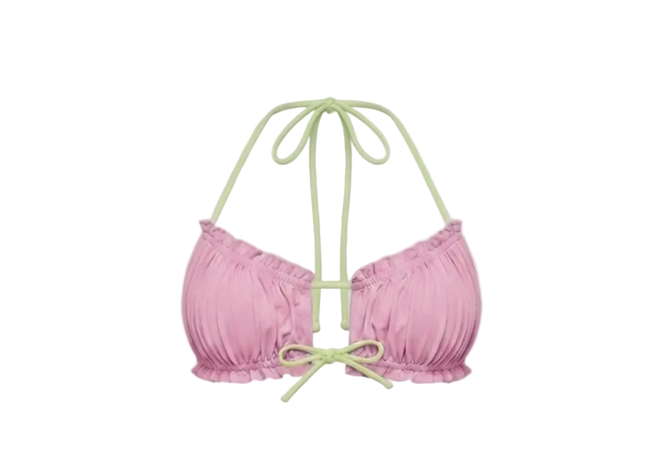 Minimalist Amalfi Dream Bikini Top by ÁMBER DEL MAR in watermelon with lime green side-ties that is preppy and coastal chic aesthetic summer swimwear.