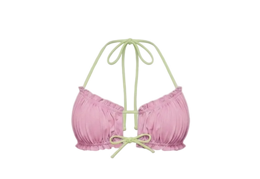 Minimalist Amalfi Dream Bikini Top by ÁMBER DEL MAR in watermelon with lime green side-ties that is preppy and coastal chic aesthetic summer swimwear.