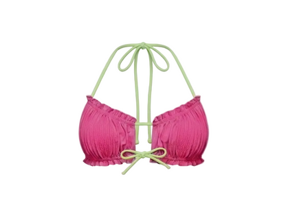 Minimalist Amalfi Dream Bikini Top by ÁMBER DEL MAR in pink with lime green side-ties that is preppy and coastal chic aesthetic summer swimwear.