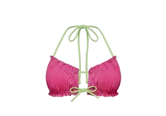 Minimalist Amalfi Dream Bikini Top by ÁMBER DEL MAR in pink with lime green side-ties that is preppy and coastal chic aesthetic summer swimwear.