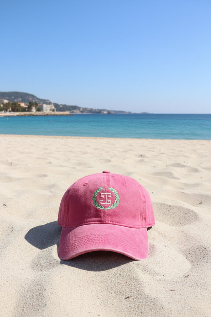 ÁMBER Del Mar hot pink adjustable cotton dad cap with custom branded laurel logo embroidery⁠