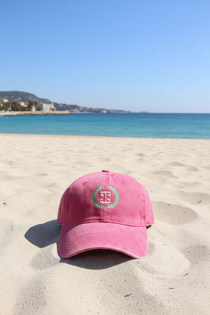 ÁMBER Del Mar hot pink adjustable cotton dad cap with custom branded laurel logo embroidery⁠