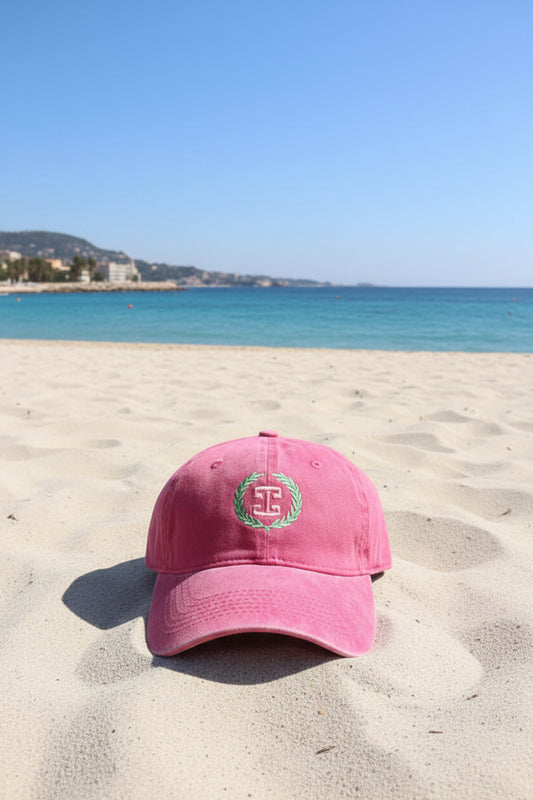 ÁMBER Del Mar hot pink adjustable cotton dad cap with custom branded laurel logo embroidery⁠