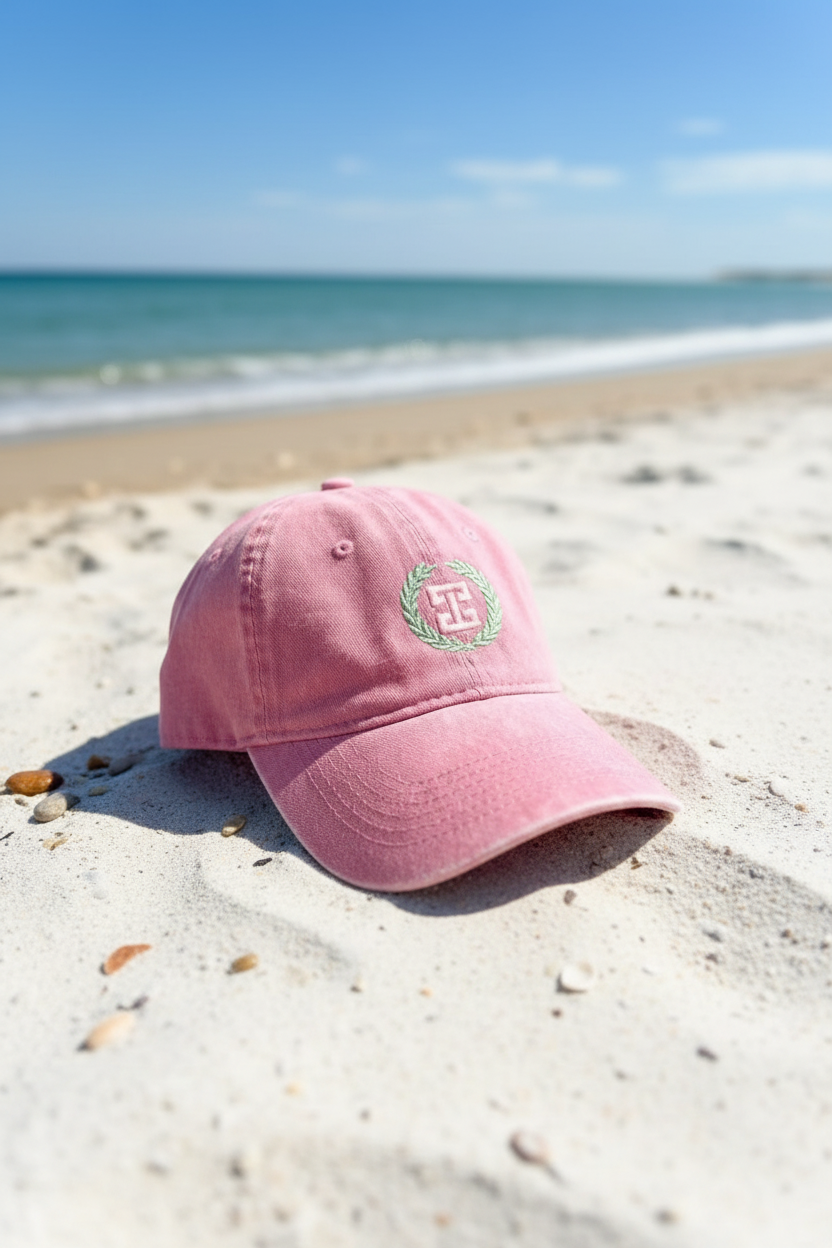 ÁMBER Del Mar in pink watermelon adjustable cotton dad cap with custom branded laurel logo embroidery⁠