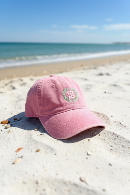 ÁMBER Del Mar in pink watermelon adjustable cotton dad cap with custom branded laurel logo embroidery⁠