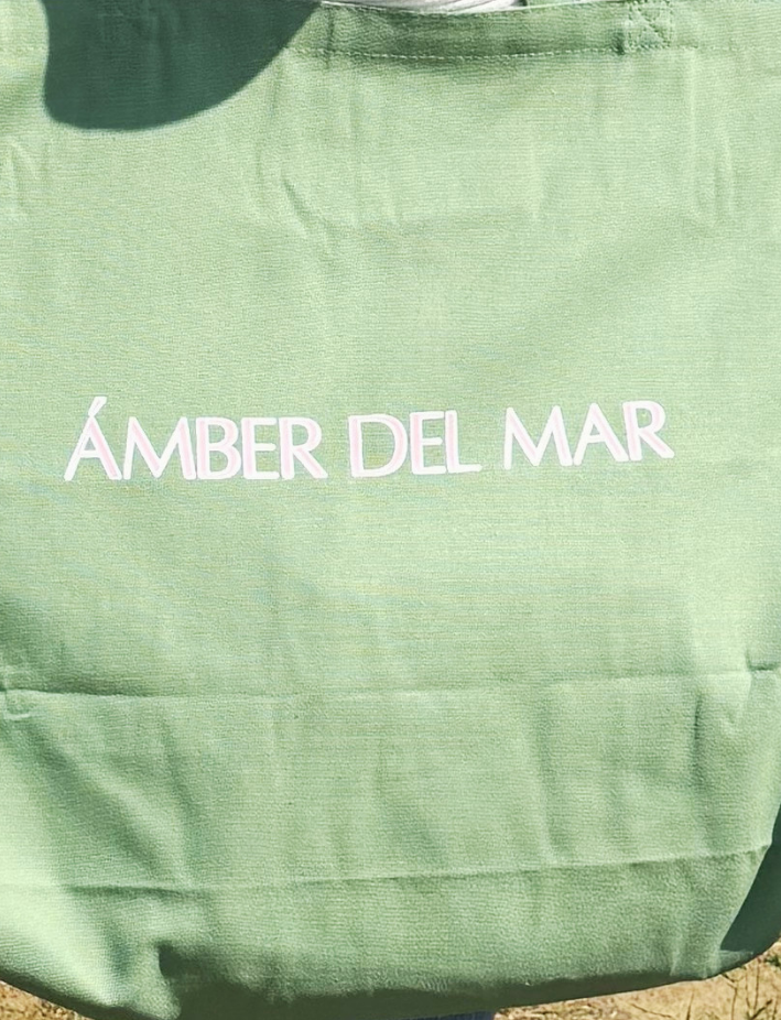Large seafoam green canvas tote bag with light pink Ámber Del Mar logo.