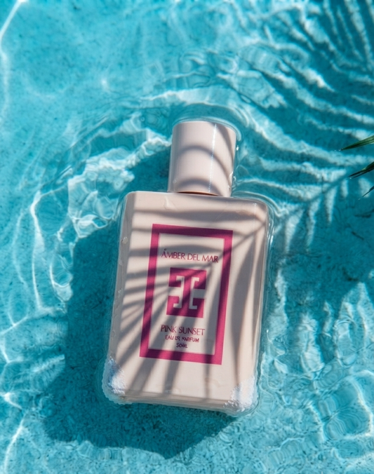 Pink Sunset Eau de Parfum by ÁMBER DEL MAR summer fragrance bottle resting in crystal clear pool water with tropical palm leaf shadows.