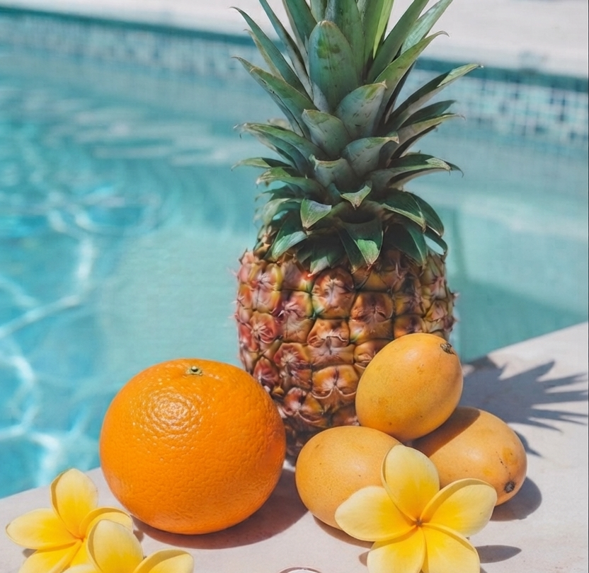 Flat lay composition of ingredients for ÁMBER DEL MAR Sunkissed fragrance: whole pineapple, whole orange , and fresh kumquat beside yellow gardenia flowers on a poolside ledge.