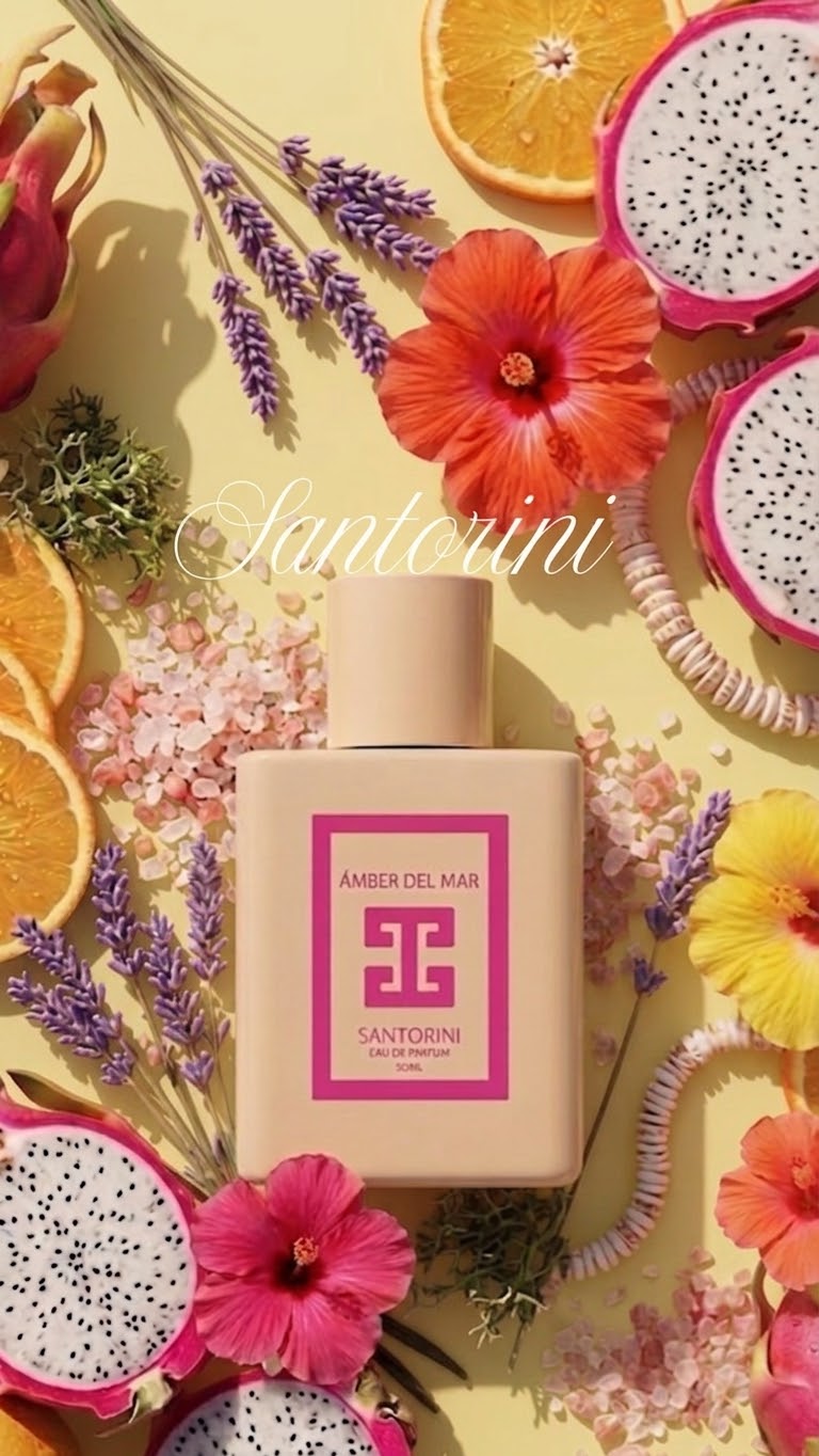 A pink bottle of Santorini Amber Del Mar  perfume is centered in a styled flat-lay arrangement with tropical flowers, dragon fruit slices, lavender, and orange slices on a pale yellow background.